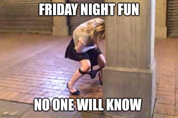 Drunk girl peeing | FRIDAY NIGHT FUN; NO ONE WILL KNOW | image tagged in drunk girl peeing,happy friday | made w/ Imgflip meme maker