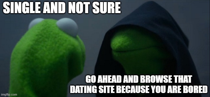 Evil Kermit Meme | SINGLE AND NOT SURE; GO AHEAD AND BROWSE THAT DATING SITE BECAUSE YOU ARE BORED | image tagged in memes,evil kermit | made w/ Imgflip meme maker