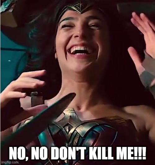 Blunder Woman? | NO, NO DON'T KILL ME!!! | image tagged in wonder woman | made w/ Imgflip meme maker