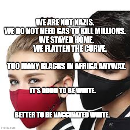 Mask Couple | WE ARE NOT NAZIS.  WE DO NOT NEED GAS TO KILL MILLIONS. 
 WE STAYED HOME.       WE FLATTEN THE CURVE.                    
  TOO MANY BLACKS IN AFRICA ANYWAY. IT'S GOOD TO BE WHITE.                                                BETTER TO BE VACCINATED WHITE. | image tagged in mask couple | made w/ Imgflip meme maker