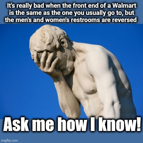 Embarrassed statue  | It's really bad when the front end of a Walmart
is the same as the one you usually go to, but
the men's and women's restrooms are reversed A | image tagged in embarrassed statue | made w/ Imgflip meme maker