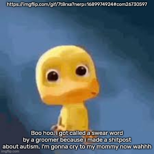 Crying duck | https://imgflip.com/gif/7t8rxa?nerp=1689974924#com26730597; Boo hoo, i got called a swear word by a groomer because i made a shitpost about autism, I'm gonna cry to my mommy now wahhh | image tagged in crying duck | made w/ Imgflip meme maker