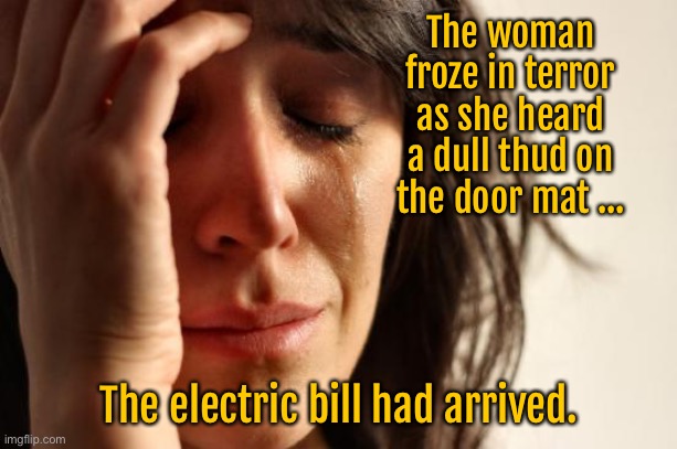 The electric bill | The woman froze in terror as she heard a dull thud on the door mat ... The electric bill had arrived. | image tagged in memes,first world problems,she froze in terror,dull thud,bill | made w/ Imgflip meme maker