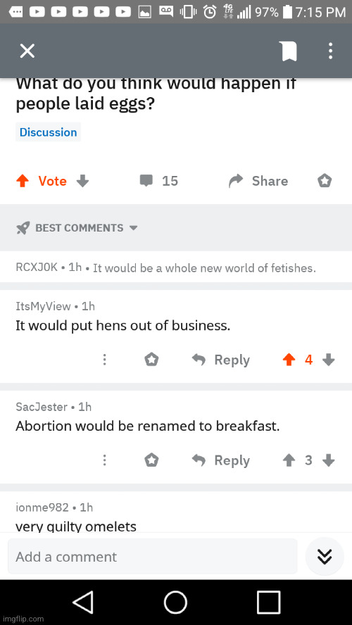 #2,687 | image tagged in comments,cursed,humans,eggs,abortion,breakfast | made w/ Imgflip meme maker
