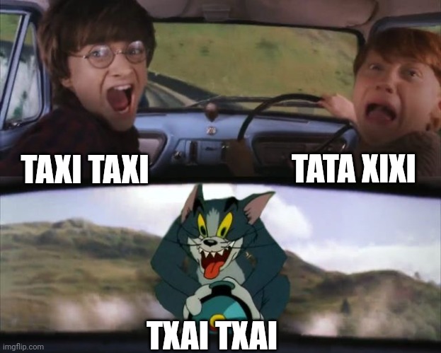 Tom chasing Harry and Ron Weasly | TAXI TAXI TATA XIXI TXAI TXAI | image tagged in tom chasing harry and ron weasly | made w/ Imgflip meme maker