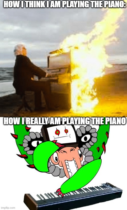I suck at playing piano | HOW I THINK I AM PLAYING THE PIANO:; HOW I REALLY AM PLAYING THE PIANO | image tagged in playing flaming piano,omega flowey | made w/ Imgflip meme maker