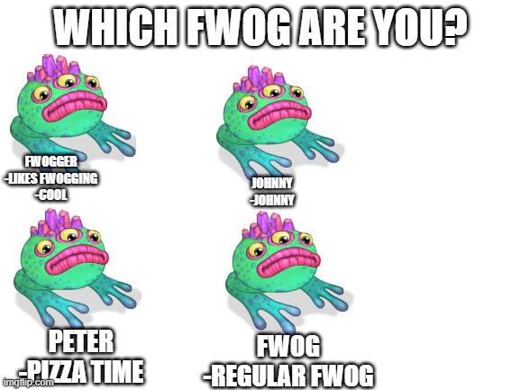 FWOGS | WHICH FWOG ARE YOU? FWOGGER
-LIKES FWOGGING
-COOL; JOHNNY
-JOHNNY; PETER
-PIZZA TIME; FWOG
-REGULAR FWOG | image tagged in blank white template | made w/ Imgflip meme maker