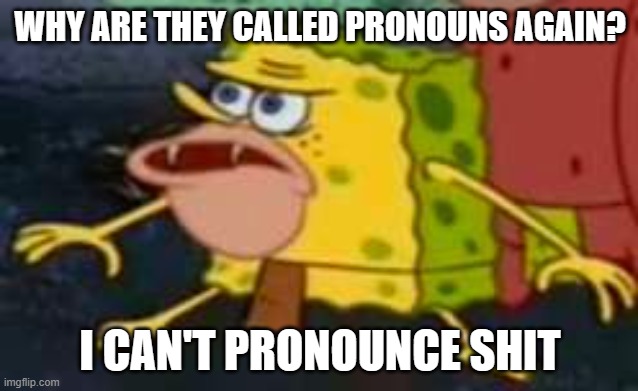 SAVAGE Spongebob  | WHY ARE THEY CALLED PRONOUNS AGAIN? I CAN'T PRONOUNCE SHIT | image tagged in savage spongebob | made w/ Imgflip meme maker