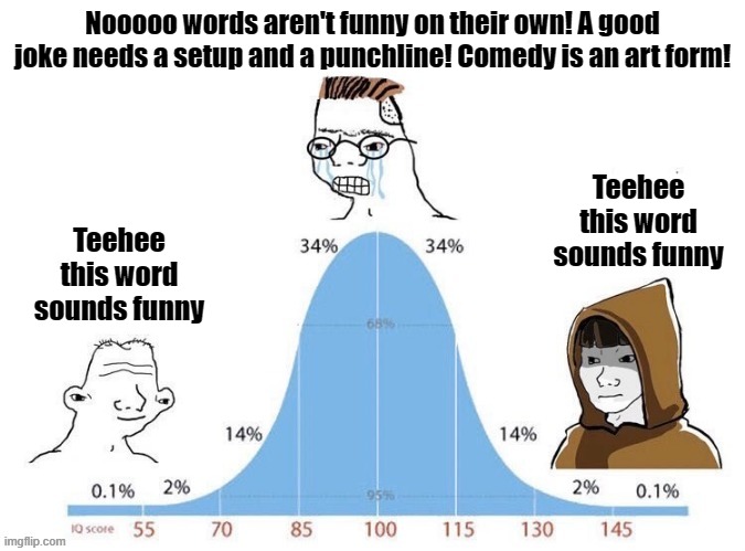 Words are funny | Nooooo words aren't funny on their own! A good joke needs a setup and a punchline! Comedy is an art form! Teehee this word sounds funny; Teehee this word sounds funny | image tagged in bell curve | made w/ Imgflip meme maker