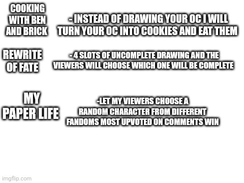 Events post I'm thinking about (Your opinion) | COOKING WITH BEN AND BRICK; - INSTEAD OF DRAWING YOUR OC I WILL TURN YOUR OC INTO COOKIES AND EAT THEM; REWRITE OF FATE; - 4 SLOTS OF UNCOMPLETE DRAWING AND THE VIEWERS WILL CHOOSE WHICH ONE WILL BE COMPLETE; MY PAPER LIFE; -LET MY VIEWERS CHOOSE A RANDOM CHARACTER FROM DIFFERENT FANDOMS MOST UPVOTED ON COMMENTS WIN | image tagged in blank white template | made w/ Imgflip meme maker