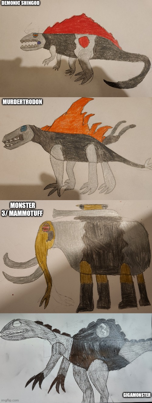 All the monsters the Limitless Devourer fought in chapter 9 (these are all old art) | DEMONIC SHINGOD; MURDERTRODON; MONSTER 3/ MAMMOTUFF; GIGAMONSTER | made w/ Imgflip meme maker