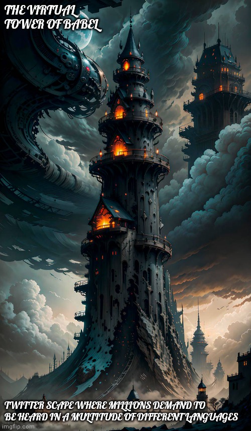 Babble | THE VIRTUAL TOWER OF BABEL; TWITTER SCAPE WHERE MILLIONS DEMAND TO BE HEARD IN A MULTITUDE OF DIFFERENT LANGUAGES | image tagged in fantasy | made w/ Imgflip meme maker