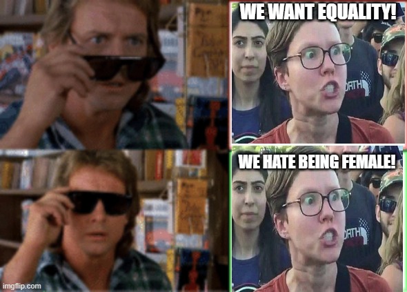 Can't hide it | WE WANT EQUALITY! WE HATE BEING FEMALE! | image tagged in they live sunglasses,liberals,triggered,anti-feminism,feminism is cancer | made w/ Imgflip meme maker