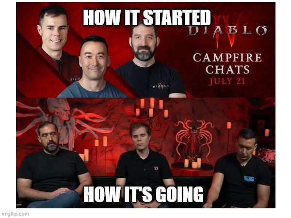 Diablo 4 Campfire Chat | HOW IT STARTED; HOW IT'S GOING | image tagged in diablo,diablo 4,blizzard,activision | made w/ Imgflip meme maker