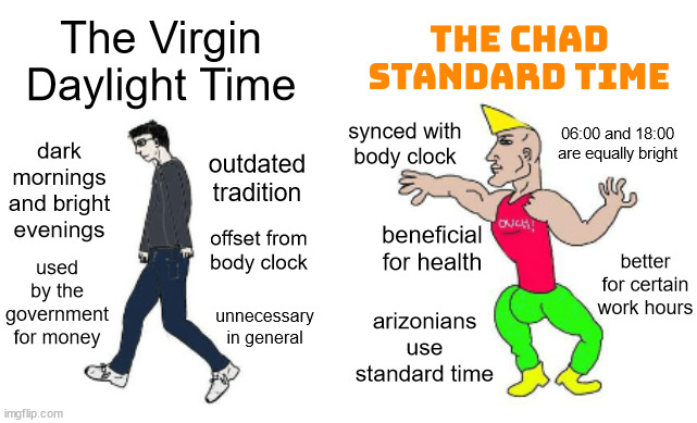 Please end DST already | The Chad Standard Time; The Virgin Daylight Time; 06:00 and 18:00 are equally bright; synced with body clock; dark mornings and bright evenings; outdated tradition; beneficial for health; offset from body clock; better for certain work hours; used by the government for money; arizonians use standard time; unnecessary in general | image tagged in virgin vs chad,daylight saving time | made w/ Imgflip meme maker