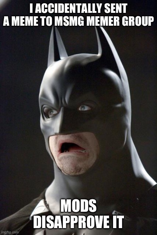 Batman Gasp | I ACCIDENTALLY SENT A MEME TO MSMG MEMER GROUP; MODS DISAPPROVE IT | image tagged in batman gasp | made w/ Imgflip meme maker