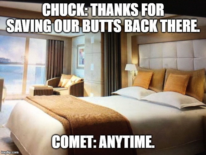 Chuck and the gang meet the Astroblast Crew | CHUCK: THANKS FOR SAVING OUR BUTTS BACK THERE. COMET: ANYTIME. | image tagged in cruise ship bedroom | made w/ Imgflip meme maker