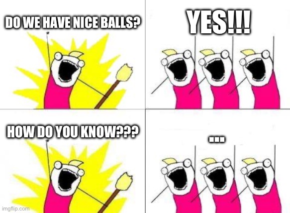 What Do We Want | DO WE HAVE NICE BALLS? YES!!! …; HOW DO YOU KNOW??? | image tagged in memes,what do we want | made w/ Imgflip meme maker