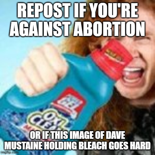 shitpost | REPOST IF YOU'RE AGAINST ABORTION; OR IF THIS IMAGE OF DAVE MUSTAINE HOLDING BLEACH GOES HARD | image tagged in shitpost | made w/ Imgflip meme maker