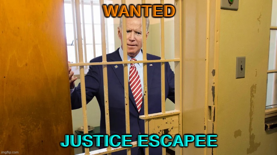 Justice Escapee | WANTED; JUSTICE ESCAPEE | image tagged in biden behind bars | made w/ Imgflip meme maker