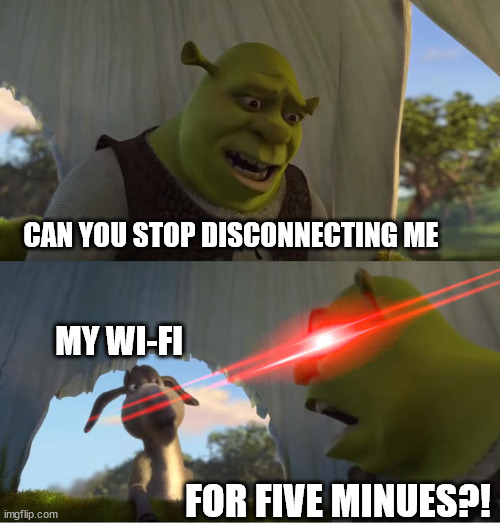 crap wi-fi | CAN YOU STOP DISCONNECTING ME; MY WI-FI; FOR FIVE MINUES?! | image tagged in shrek for five minutes,shrek five minutes,wi-fi,disconnect | made w/ Imgflip meme maker