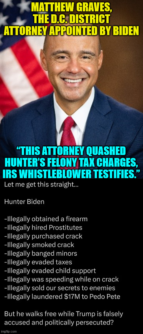 The American JustUs system... | MATTHEW GRAVES, THE D.C. DISTRICT ATTORNEY APPOINTED BY BIDEN; “THIS ATTORNEY QUASHED HUNTER’S FELONY TAX CHARGES, IRS WHISTLEBLOWER TESTIFIES.” | image tagged in injustice,system,biden,crime,family | made w/ Imgflip meme maker