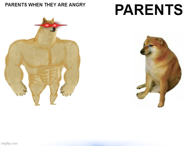 so true | PARENTS WHEN THEY ARE ANGRY; PARENTS | image tagged in memes,buff doge vs cheems | made w/ Imgflip meme maker