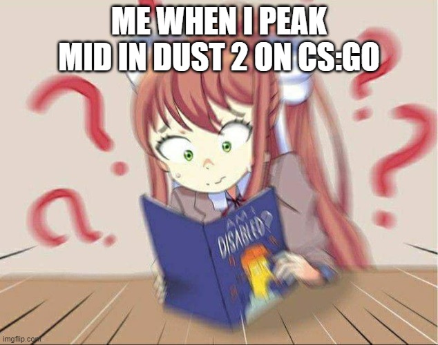 csgo memething | ME WHEN I PEAK MID IN DUST 2 ON CS:GO | image tagged in ddlcdisabled | made w/ Imgflip meme maker