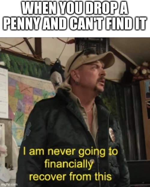 i'm still looking | WHEN YOU DROP A PENNY AND CAN'T FIND IT | image tagged in i am never going to financially recover from this,memes,funny,penny,money,gone | made w/ Imgflip meme maker