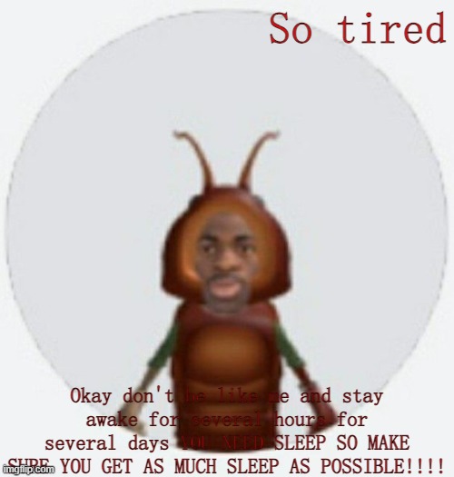 day 3 daily support/advice (Seriously don't stay up for a long time it's terrible) | So tired; Okay don't be like me and stay awake for several hours for several days YOU NEED SLEEP SO MAKE SURE YOU GET AS MUCH SLEEP AS POSSIBLE!!!! | image tagged in lil naz roach-x announcement temp | made w/ Imgflip meme maker