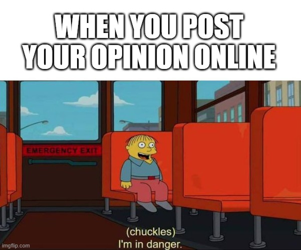 I'm in Danger + blank place above | WHEN YOU POST YOUR OPINION ONLINE | image tagged in i'm in danger blank place above,unpopular opinion,opinion,social media | made w/ Imgflip meme maker