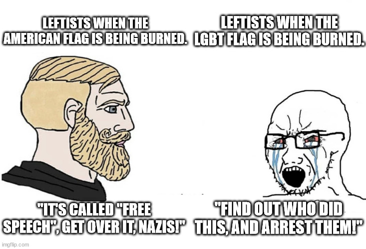 LEFTISTS BE LIKE | LEFTISTS WHEN THE AMERICAN FLAG IS BEING BURNED. LEFTISTS WHEN THE LGBT FLAG IS BEING BURNED. "IT'S CALLED "FREE SPEECH", GET OVER IT, NAZIS!"; "FIND OUT WHO DID THIS, AND ARREST THEM!" | image tagged in chad vs yes soyboy | made w/ Imgflip meme maker