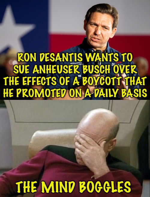 Only in Floriduh | RON DESANTIS WANTS TO SUE ANHEUSER BUSCH OVER THE EFFECTS OF A BOYCOTT THAT HE PROMOTED ON A DAILY BASIS; THE MIND BOGGLES | image tagged in memes,captain picard facepalm,ron desantis idiot | made w/ Imgflip meme maker