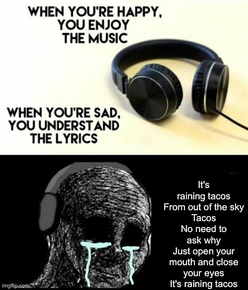 When your sad you understand the lyrics | It's raining tacos
From out of the sky
Tacos
No need to ask why
Just open your mouth and close your eyes
It's raining tacos | image tagged in when your sad you understand the lyrics | made w/ Imgflip meme maker