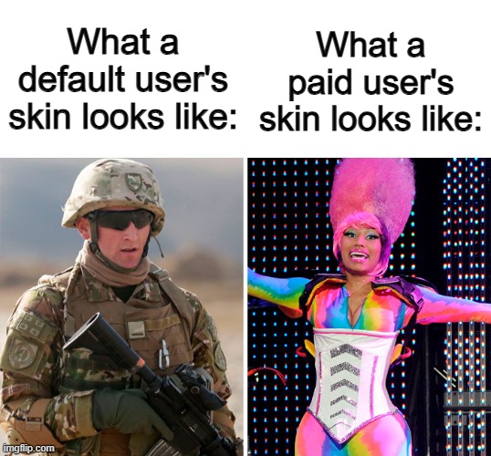 Most games with paid users don't even fit the theme of the game anymore :( | What a paid user's skin looks like:; What a default user's skin looks like: | image tagged in dicksoutforharambe,aj styles undertaker | made w/ Imgflip meme maker