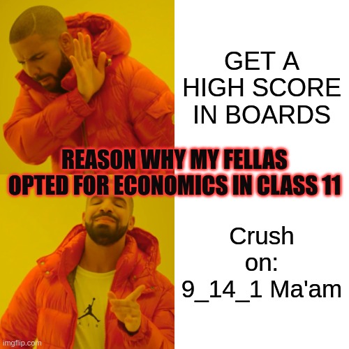 school | GET A HIGH SCORE IN BOARDS; REASON WHY MY FELLAS OPTED FOR ECONOMICS IN CLASS 11; Crush on: 9_14_1 Ma'am | image tagged in memes,drake hotline bling | made w/ Imgflip meme maker