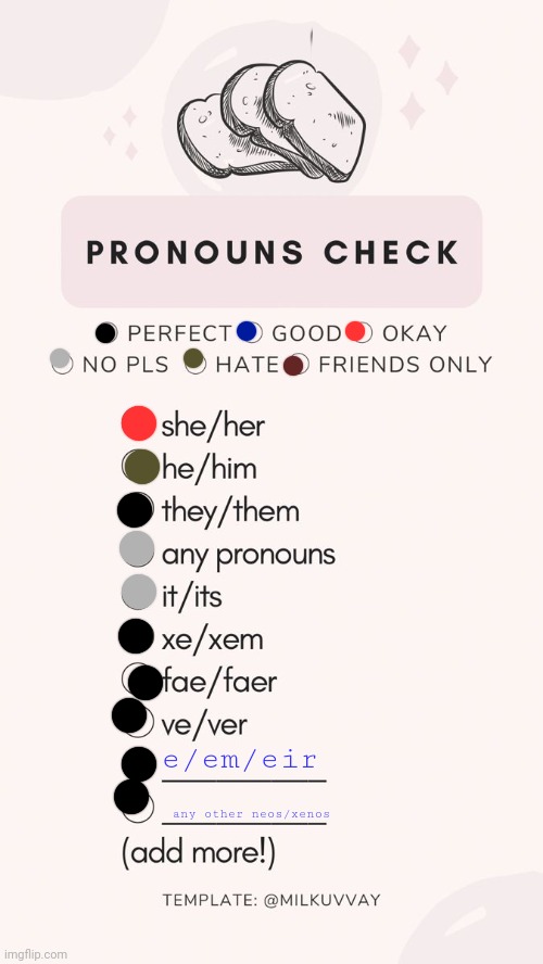 Yay! New pronouns! | e/em/eir; any other neos/xenos | image tagged in pronoun check | made w/ Imgflip meme maker
