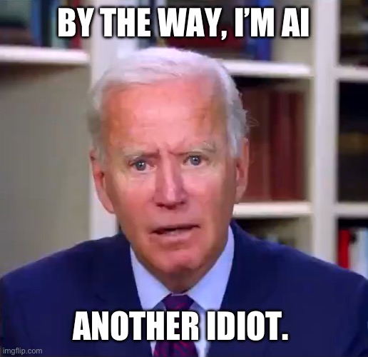Slow Joe Biden Dementia Face | BY THE WAY, I’M AI; ANOTHER IDIOT. | image tagged in slow joe biden dementia face | made w/ Imgflip meme maker