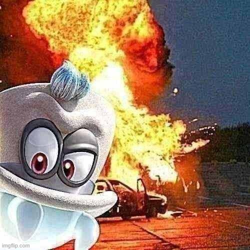image tagged in cappy,mario,car fire | made w/ Imgflip meme maker