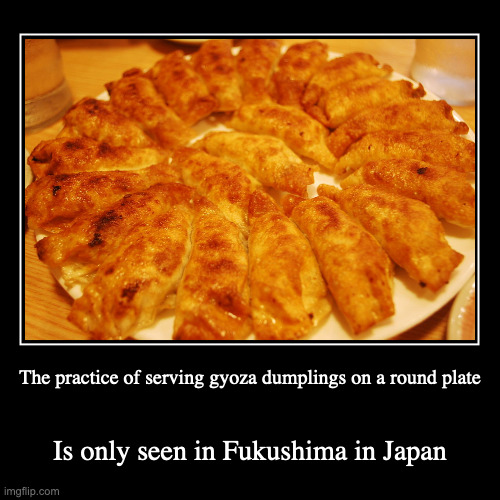 Round Plate Gyoza | The practice of serving gyoza dumplings on a round plate | Is only seen in Fukushima in Japan | image tagged in demotivationals,food,dumplings | made w/ Imgflip demotivational maker