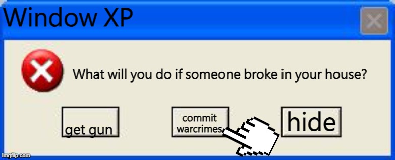 Window XP Warcrime meme | Window XP; What will you do if someone broke in your house? hide; get gun; commit warcrimes | image tagged in windows xp error | made w/ Imgflip meme maker