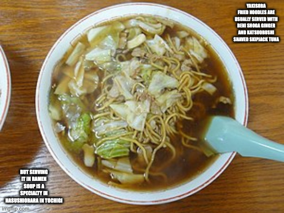 Yakisoba in Soup | YAKISOBA FRIED NOODLES ARE USUALLY SERVED WITH BENI SHOGA GINGER AND KATSUOBUSHI SHAVED SKIPJACK TUNA; BUT SERVING IT IN RAMEN SOUP IS A SPECIALTY IN NASUSHIOBARA IN TOCHIGI | image tagged in food,noodles,memes | made w/ Imgflip meme maker