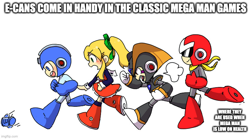 Robot Masters Chasing an E-Can | E-CANS COME IN HANDY IN THE CLASSIC MEGA MAN GAMES; WHERE THEY ARE USED WHEN MEGA MAN IS LOW ON HEALTH | image tagged in megaman,roll,protoman,bass,memes | made w/ Imgflip meme maker
