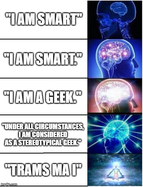 funny | "I AM SMART"; "I AM SMART."; "I AM A GEEK."; "UNDER ALL CIRCUMSTANCES, I AM CONSIDERED AS A STEREOTYPICAL GEEK."; "TRAMS MA I" | image tagged in expanding brain 5 panel | made w/ Imgflip meme maker