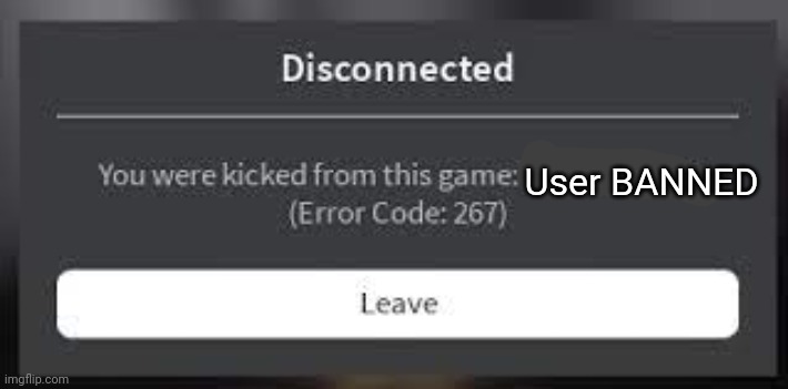 Roblox's in-game ban when a account is banned in-game. | User BANNED | image tagged in roblox ban message | made w/ Imgflip meme maker