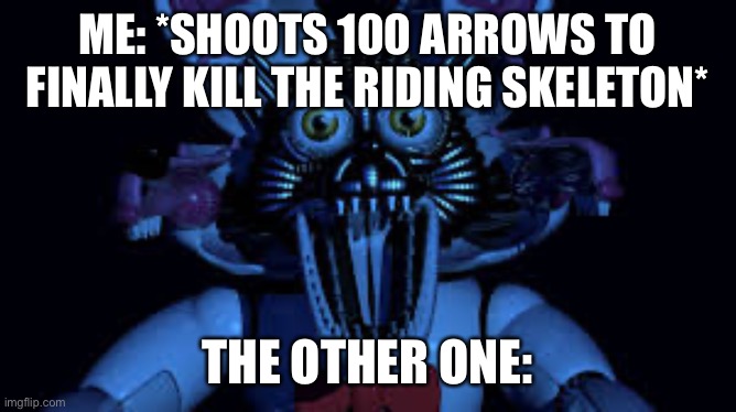 Funtime foxy jumpscare fnaf sister location | ME: *SHOOTS 100 ARROWS TO FINALLY KILL THE RIDING SKELETON*; THE OTHER ONE: | image tagged in funtime foxy jumpscare fnaf sister location | made w/ Imgflip meme maker