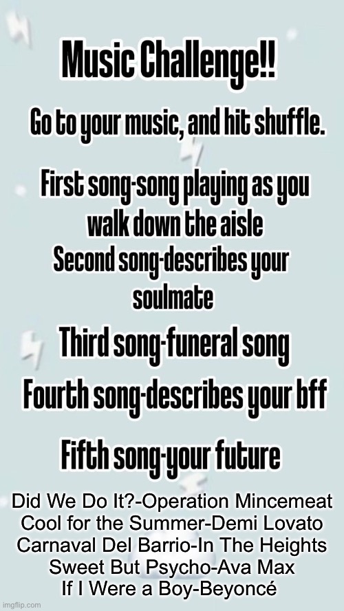 take from this what you will, Ik this trend is dead | Did We Do It?-Operation Mincemeat
Cool for the Summer-Demi Lovato
Carnaval Del Barrio-In The Heights
Sweet But Psycho-Ava Max
If I Were a Boy-Beyoncé | image tagged in music challenge | made w/ Imgflip meme maker