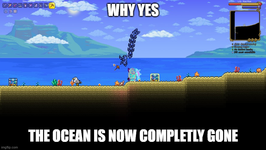 Just opened up the server, and it's gone now lol | WHY YES; THE OCEAN IS NOW COMPLETLY GONE | image tagged in terraria,server,join me | made w/ Imgflip meme maker