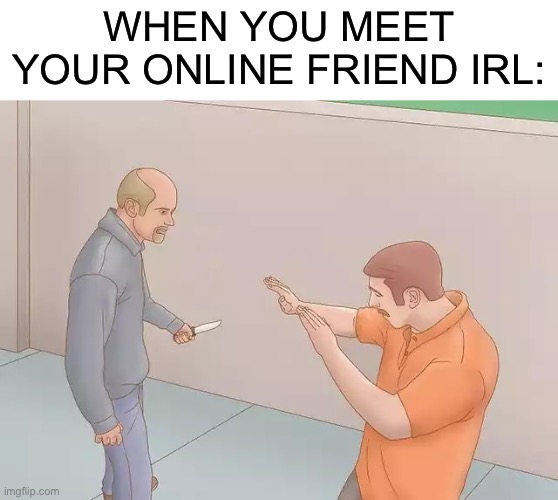 Man with knife | WHEN YOU MEET YOUR ONLINE FRIEND IRL: | image tagged in man with knife | made w/ Imgflip meme maker
