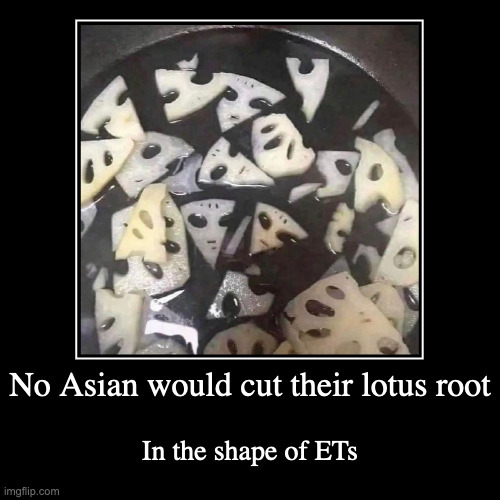 ET-Shaped Lotus Root | No Asian would cut their lotus root | In the shape of ETs | image tagged in funny,demotivationals,aliens,food | made w/ Imgflip demotivational maker